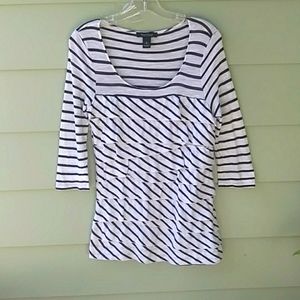 White House Black Market Women's White & Black Striped 3/4 Slv Scoop Neck Top M